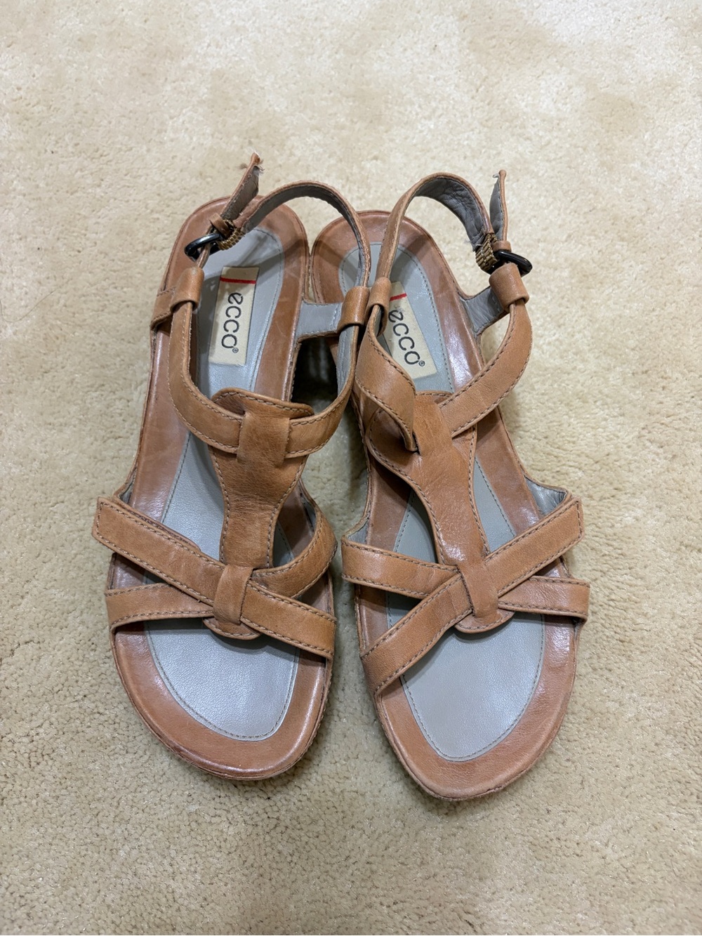 Ecco Women's Cognac Leather Crossover Strap wedge Sandals| size 38uk